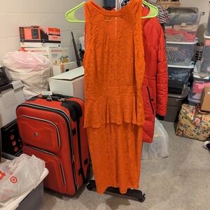 Nicole Miller Orange Lace Peplum Sleeveless Midi Dress
